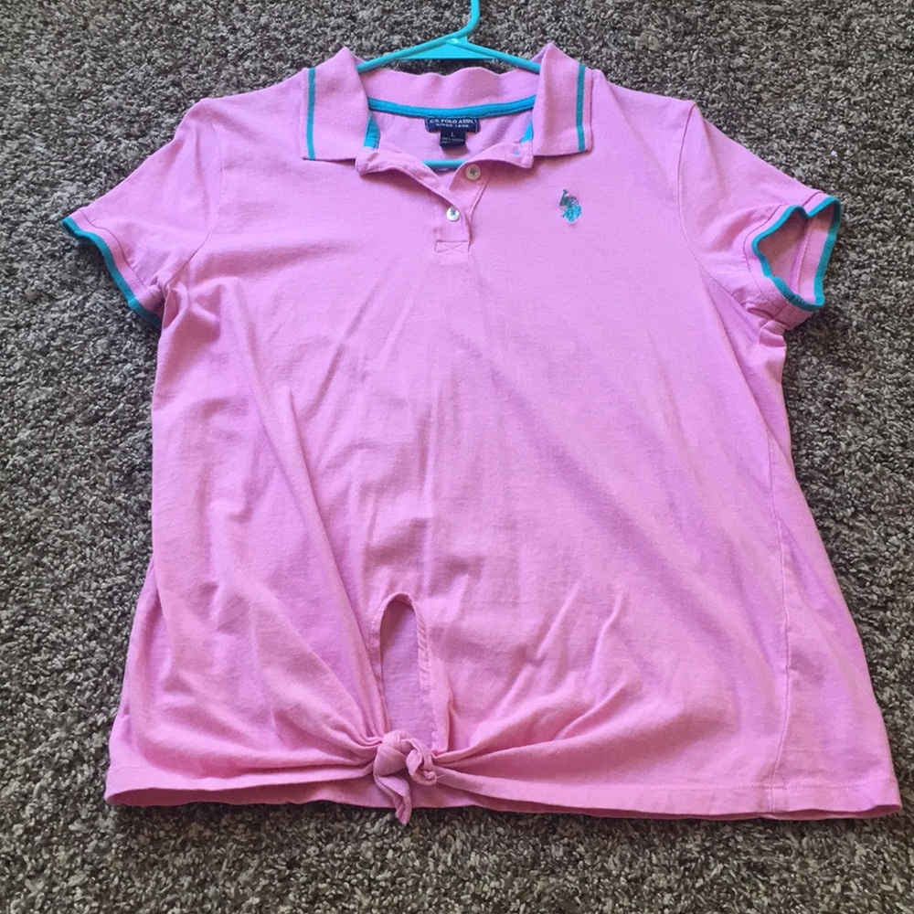 Pink and teal collard polo shirt with front tie
